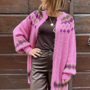 Cardigan nordico lungo rosa